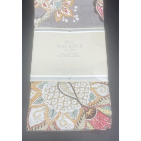 Raymond Waites Square Floral Cloth Napkins Gray Coral Gold Aqua White 19” NEW - Picture 3 of 3